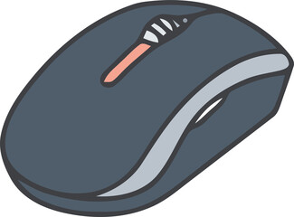 A simple, hand-drawn illustration of a dark grey computer mouse with a light grey scroll wheel and a reddish accent.