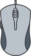 A simple flat design illustration of a grey wired computer mouse with a scroll wheel and side button.