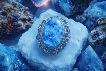 Ornate ring with blue gemstone, atop a white crystalline structure