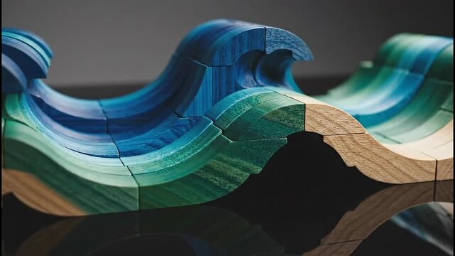 Wooden Ocean Wave Puzzle Displaying Blue and Green Gradient Colors