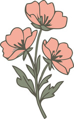 A simple illustration of three pink flowers with green stems and leaves, depicting natural beauty and botanical elegance.