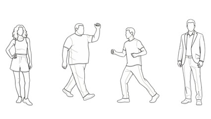 Diverse people in various poses as a vector auto cad drawing for design projects