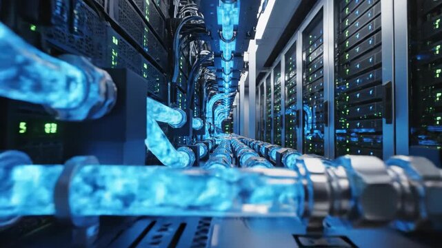 Futuristic Data Center with Liquid Cooling System and Server Racks.