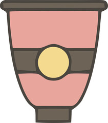 Stylized pink cup or container with brown bands and a yellow circular label.