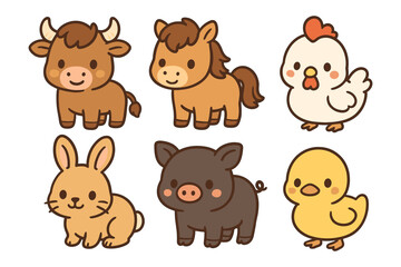 Obraz premium Cute farm animals clip art collection in cartoon style