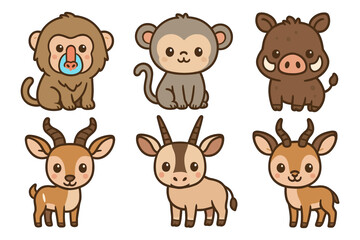Fototapeta premium Cute cartoon jungle and safari animals collection with mandrill, monkey, boar, deer, and gazelle