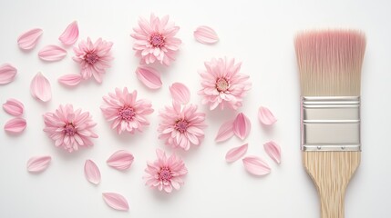 Creative flat lay composition with pink flowers petals and wide paintbrush on white background.