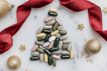 Festive holiday arrangement featuring colorful capsules arranged as Christmas tree with gold ornaments and red ribbon