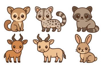 Fototapeta premium Cute cartoon forest animals set: sitting baby creatures in adorable style
