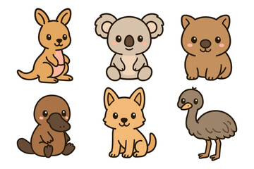 Fototapeta premium Adorable kawaii australian animal set with koala, kangaroo, and more