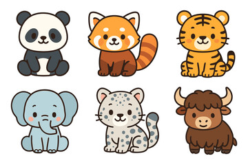 Fototapeta premium Cute cartoon animals collection: panda, red panda and more adorable wildlife