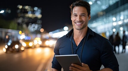 A cheerful young man in a white shirt stands outdoors at night, using a tablet in a city environment with bright lights in the background