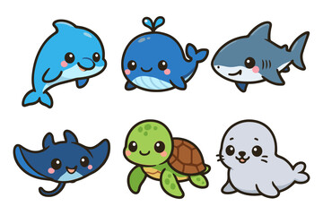 Obraz premium Cute marine animal cartoon collection featuring dolphin, whale, shark, turtle, and seal