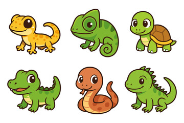 Fototapeta premium Cute cartoon reptiles: gecko, chameleon, turtle, alligator, snake, dinosaur
