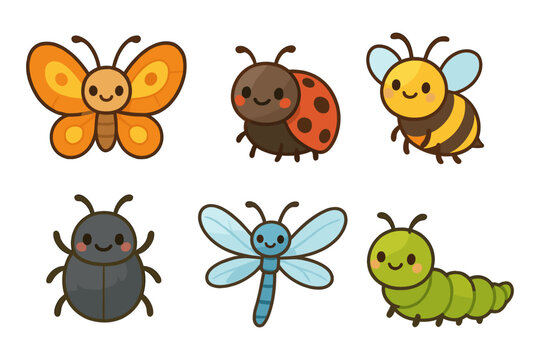 Cute cartoon insects collection featuring butterfly, ladybug, bee, beetle, dragonfly, and caterpillar