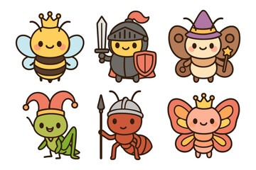 Naklejka premium Cute cartoon insect characters in fantasy costumes for kids
