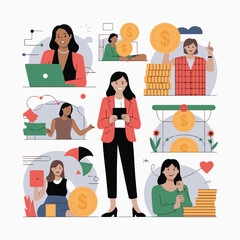 Financial Freedom and Career Success for Young Women Vector Illustration Set
