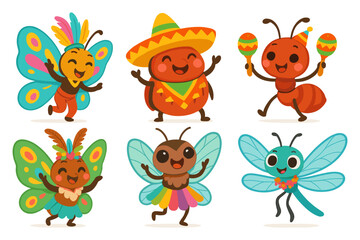 Fototapeta premium Festive insects dancing in colorful costumes with maracas