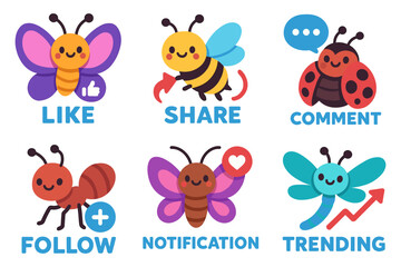 Cute cartoon insects with social media icons for engaging content