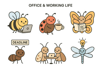 Cute insects in office scenarios: bees, ladybugs, and more in a humorous work setting