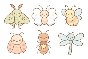 Obraz premium Cute cartoon insects set: moth, butterfly, bee, ladybug, ant, dragonfly in pastel tones