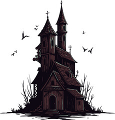 A dark, gothic-style haunted church with tall spires and crosses, surrounded by bare branches and flying bats, creating a spooky atmosphere.