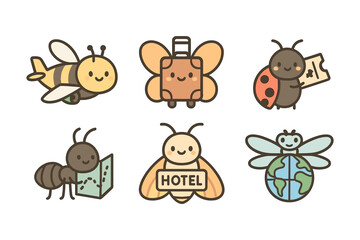 Naklejka premium Cute cartoon insects on a travel adventure with luggage and maps