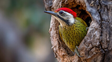 Vibrant Red-Capped Woodpecker Gazing from its Rustic Tree Hollow