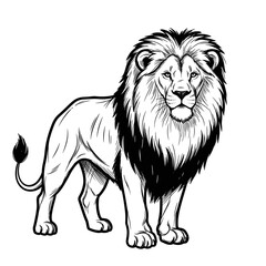 Obraz premium Lion standing proudly with detailed mane in black and white illustration 