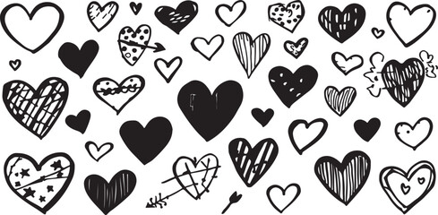 Hand-Drawn valentine  Doodle Hearts: Black and White Sketch Vector Set for Love, Valentine's Day, and Romantic Design 