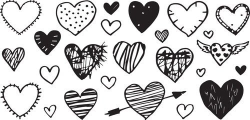 Hand-Drawn valentine  Doodle Hearts: Black and White Sketch Vector Set for Love, Valentine's Day, and Romantic Design 