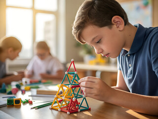 Focused Teenage Student Builds Complex Geometric Model with Engineering Toys