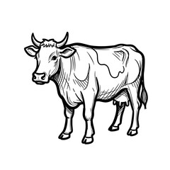 Sketch of a standing cow in black and white illustration  