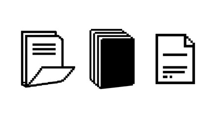 Set of pixelated document icons: retro style pages and books
