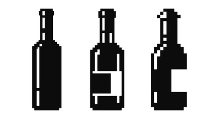 Pixel art: three black and white wine bottles in minimalistic design