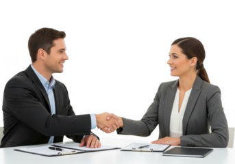 Two professionals in business attire shaking hands across a table with documents isolated on transparent background