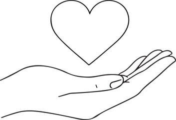 Hand Holding valentine Heart Outline: Simple Line Art for Love, Donation, Charity, and Care Concepts 