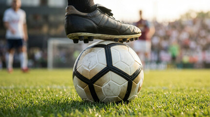 Football on center spot with player’s cleat ready at kickoff moment.