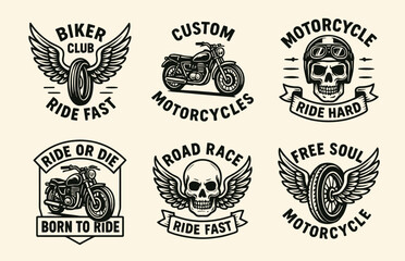 Fototapeta premium Biker badges emblem collection with strong motorcycle and skull motifs. Highlights wings, helmets, wheels, banners, custom bikes