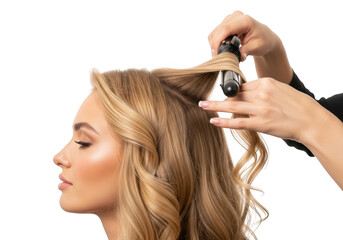Fototapeta premium Professional hairstylist creates elegant waves using a curling iron on a blonde woman s hair isolated on transparent background