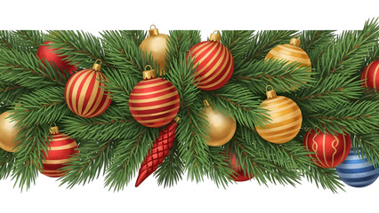 Festive christmas ornaments hanging amongst evergreen branches isolated on transparent background