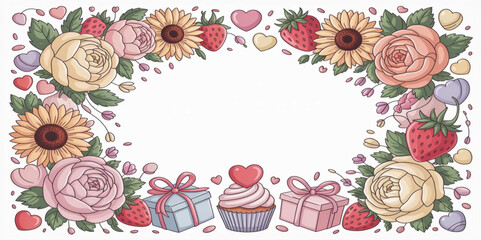 Romantic Valentine's Frame: Roses, Sunflowers, Cupcakes, and Strawberries Border for Love and Celebration Designs