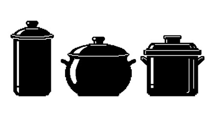 Silhouette of three modern cooking containers in black and white design