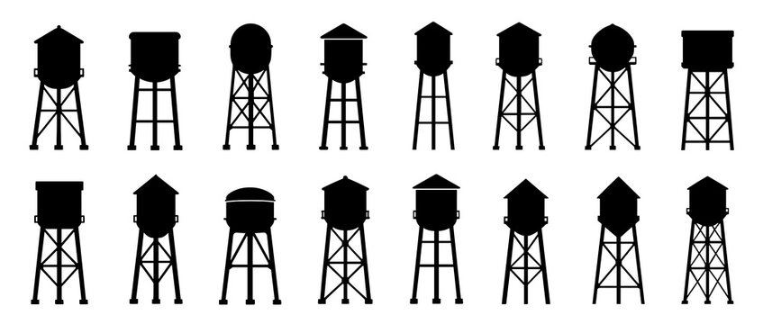 Water towers silhouette collection with industrial elevated tank structures