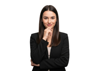 Fototapeta premium Professional young woman in a black blazer and white shirt posing confidently with chin resting on hand isolated on transparent background