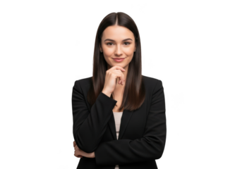 Professional young woman in a black blazer and white shirt posing confidently with chin resting on hand isolated on transparent background