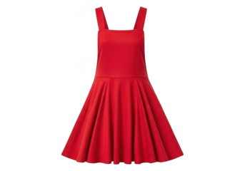 A vibrant red sleeveless pleated midi dress with a square neckline and adjustable straps isolated on transparent background