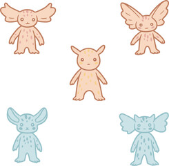 Fototapeta premium Five cute, cartoon-style imaginary creatures with unique ear shapes and spotted bodies, two orange and two blue, with one central orange creature.