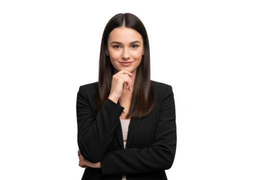 Professional young woman in a black blazer and white shirt posing confidently with chin resting on hand isolated on transparent background - Powered by Adobe
