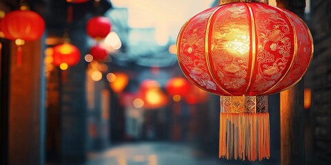 Red-Gold Patterned Chinese Lantern Ancient Street Empty Space,Promotional Material,Chinese-chic Warm Tone Ambiance,Suitable for Chinese Cultural Tourism Spring Festival Promotion